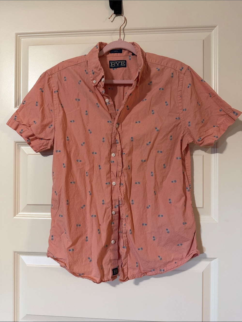 Rye Coral Short Sleeve Button-Down Shirt with Blue Print
